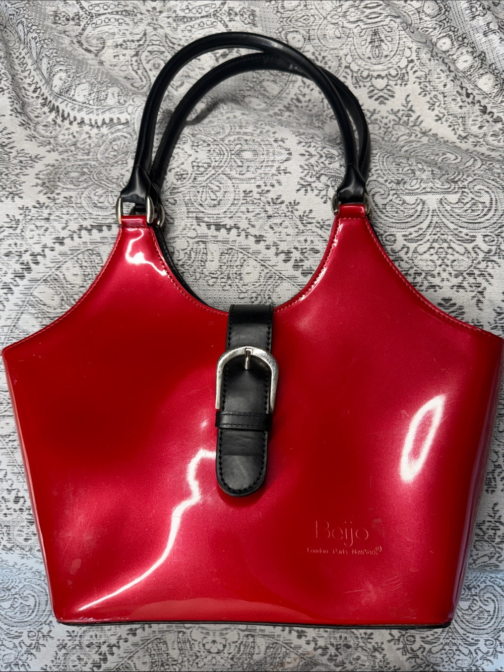 Beijo Red Patent Tote with Black Trim and Buckle